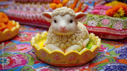 Ceramic figure of a young sheep rests within a decorative yellow dish surrounded by colorful textiles and offerings