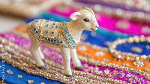 Figurine of a young sheep adorned with intricate beadwork rests upon vibrant, richly decorated fabric