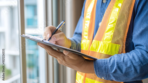 An individual, clad in a safety vest, diligently writes on a clipboard indoors, possibly conducting an inspection or documenting tasks.