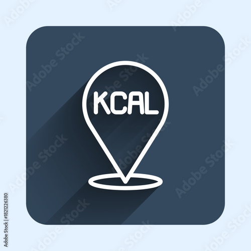 White line Kcal icon isolated on isolated with long shadow background. Health food. Blue square button. Vector