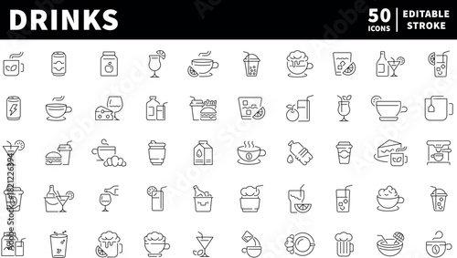 Drinks icons set. editable line icons, outline, beverage and refreshment symbols