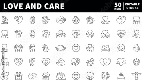 Love and care icons set. line, editable line icons for compassion and support