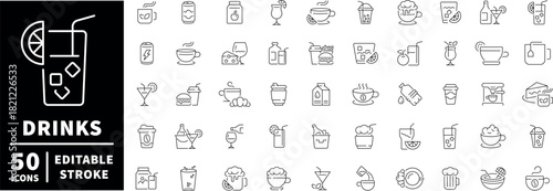 Drinks line icons set. editable, linear, beverages and cocktail symbols