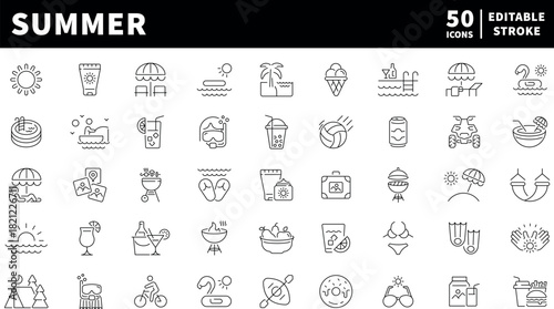 Summer editable line icons set. outline, flat, vacation and beach symbols