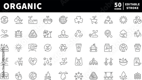 Organic icons set — editable line icons, outline, eco.friendly, nature symbols