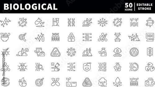 Biological icons set. editable line icons, outline, laboratory and science symbols