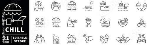 Chill and relaxation icons set. editable line icons, outline, leisure, vacation symbols