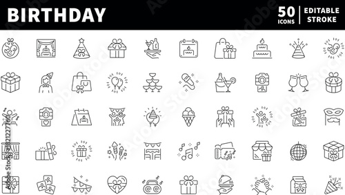 Birthday celebration icons set. editable line icons, outline, party and gift symbols