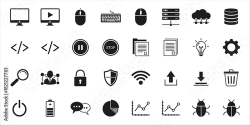Web development and cybersecurity icon set with code, bug, graph, database, cloud, and shield.