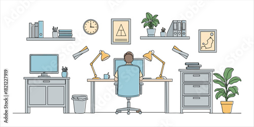 Home office illustration with desk, computer, man working, plants, lamp, books, and furniture.