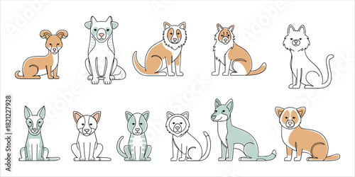 Cute dog breed icons in minimal style. Set of sitting puppies in color and outline for pet design.