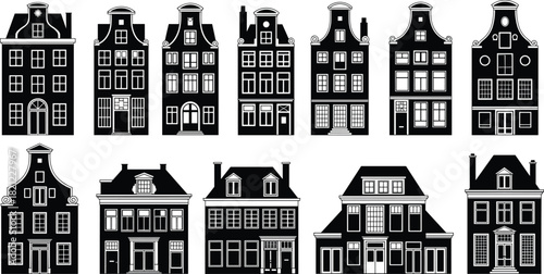 Amsterdam Houses Black and White Silhouette Set Vector Illustration, Traditional Dutch Canal Building Facades, European Architecture Collection, Narrow Gable Roof Lines, Historic Cityscape Design.