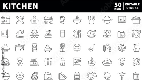 Kitchen icons set. editable line icons for cooking, culinary, and dining themes