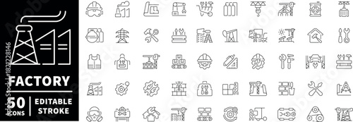 Factory and industry icons set. line, editable line icons, manufacturing and engineering