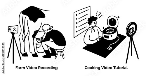 Cartoon Farm Video Recording and Cooking Tutorial Content Creation Scenes Concept Set Flat Design Style with Elements Thin Line. Vector illustration