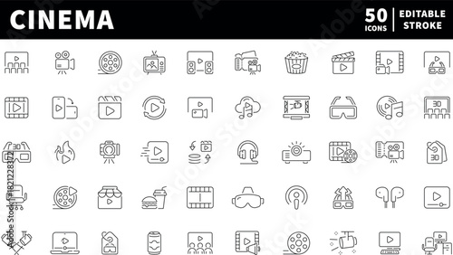 Cinema icons set. editable line icons. linear, film, movie theater graphics