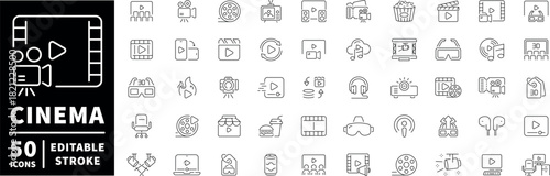 Cinema icons set. editable line icons, outline, movie and film symbols