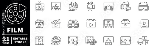 Film and media icons set. editable line icons, outline, cinema and video graphics