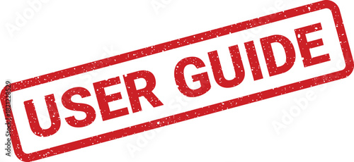 Textured red rectangular stamp prominently displaying the words user guide for instructional resources