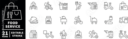 Food service icons set. editable line icons with linear dining and delivery symbols