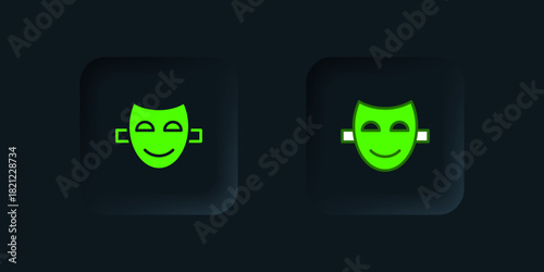 Green Comedy theatrical mask icon isolated on black background. Black square button. Vector