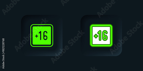Green Plus 16 movie icon isolated on black background. Adult content. Sixteen plus icon. Censored business concept. Black square button. Vector