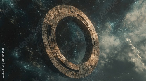 Mysterious Ancient Ring Structure Floating in a Cloudy Sky.