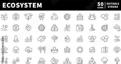 Ecosystem icons set. line, editable line icons for nature and environment design