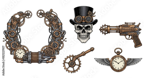 Detailed Steampunk vector elements with industrial gear wreath, skull, and raygun for sci-fi vintage branding
