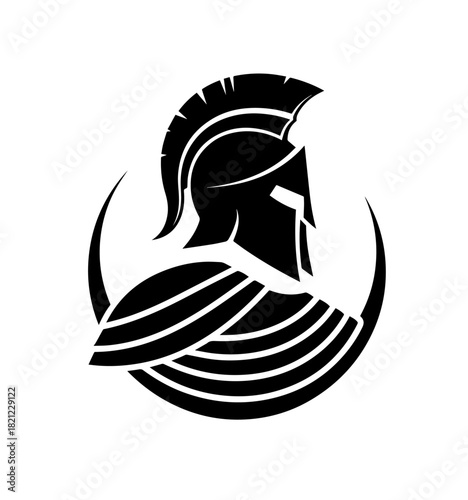 A sleek black-and-white vector illustration captures the commanding profile of a Spartan warrior, featuring a crested helmet and stylized curved stripes that form a dynamic, circular armor base