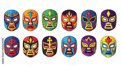 A vibrant collection of traditional Mexican Lucha Libre wrestling masks, showcasing diverse colorful designs and patterns, perfect for cultural and sports-themed projects