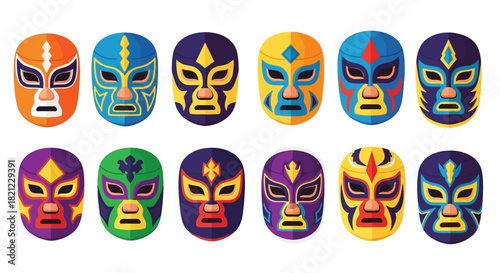 Colorful Vector Illustrations of Various Mexican Wrestling Masks, Suitable for Design