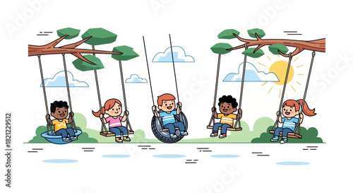 Joyful diverse children playing on swings in a sunny park illustration, depicting friendship and outdoor fun on a vibrant day