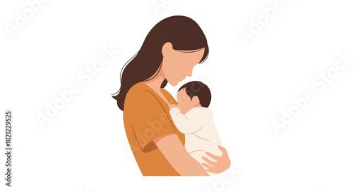 A mother's gentle embrace, holding her sleeping newborn baby. A beautiful vector illustration of motherhood and family love