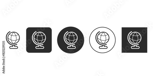 Set of monochrome desktop globe icons for website UI | Simple black and white earth world map symbol vector | Flat design geography education or international communication vector icons 