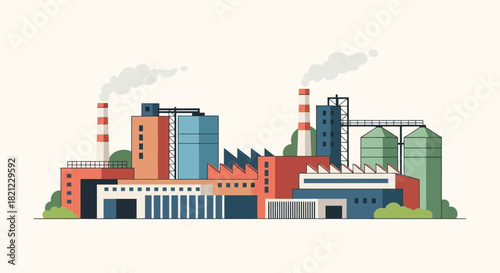 Flat design illustration of a bustling industrial factory complex, featuring diverse buildings, smokestacks, and storage silos, symbolizing modern manufacturing and economic production