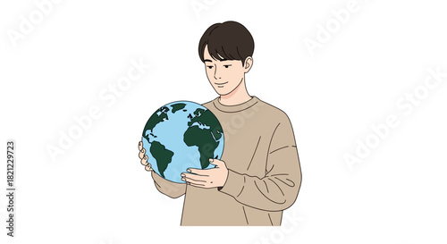Thoughtful young man carefully holds the Earth, symbolizing global responsibility, environmental care, and the concept of a sustainable future for our interconnected planet