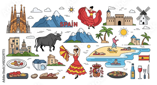 A vibrant collection of Spanish cultural symbols and travel landmarks, featuring flamenco, paella, and famous architecture in a doodle illustration set