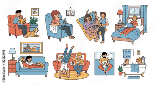 Comfortable Leisure Time People Relaxing at Home with Various Activities