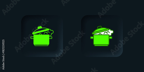 Green Cooking pot icon isolated on black background. Boil or stew food symbol. Black square button. Vector