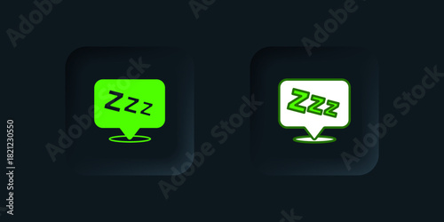 Green Sleepy icon isolated on black background. Sleepy zzz talk bubble. Black square button. Vector