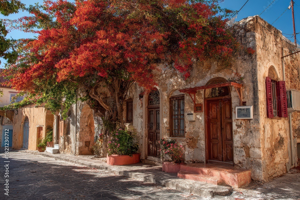 Fototapeta premium Scenic View of Traditional Dwellings and Timeless Structures in Archanes Village, Heraklion, Crete, Surrounded by Autumn Trees Under a Vibrant Sky