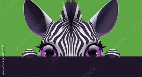 Cartoon zebra with purple eyes peeking over a dark purple surface against a green background.