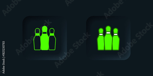 Green Bowling pin icon isolated on black background. Juggling clubs, circus skittles. Black square button. Vector