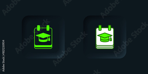 Green Online education and graduation icon isolated on black background. Online teacher on monitor. Webinar and video seminar learning. Black square button. Vector