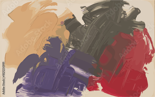 Abstract artwork design with brush stroke texture in red, orange, blue and brown