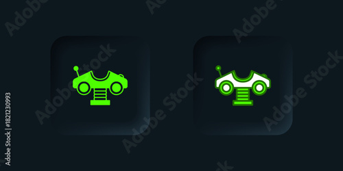 Green Swing car on the playground icon isolated on black background. Childrens carousel with car. Amusement icon. Black square button. Vector