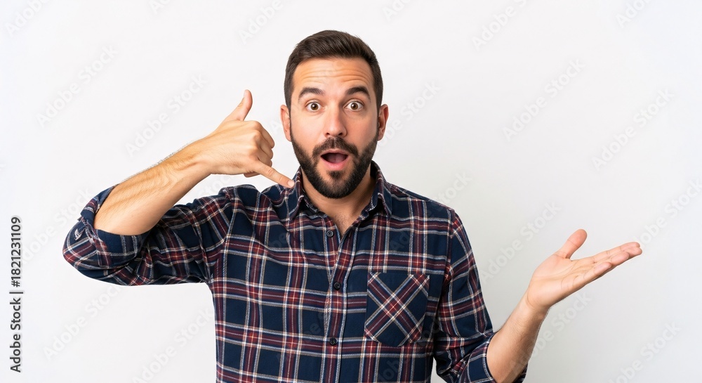 Naklejka premium Engaging with Customers Man Making Call Me Gesture Excited Expression of Shock and Astonishment Male Entrepreneur Communication Business Strategy Connection