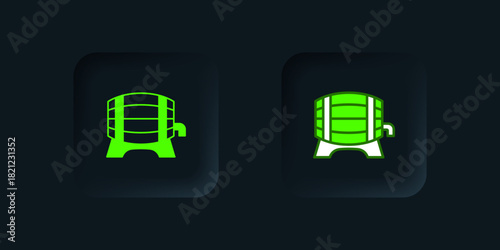 Green Wooden barrel on rack with stopcock icon isolated on black background. Black square button. Vector
