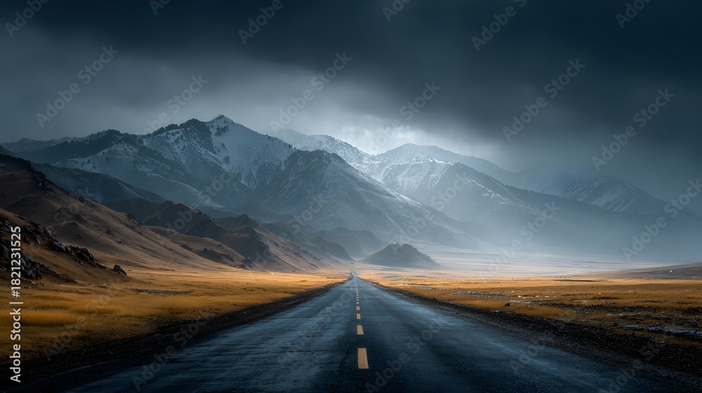 Obraz premium Moody and atmospheric, photorealistic photograph of a long, straight empty road leading towards a mysterious mountain range shrouded in dense fog.